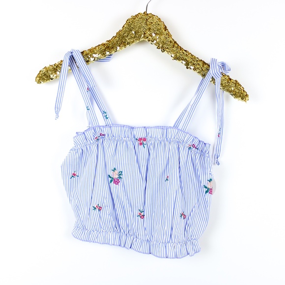 Blue Striped Floral Embroidered Ruffle Crop Top - Picture 5 of 6